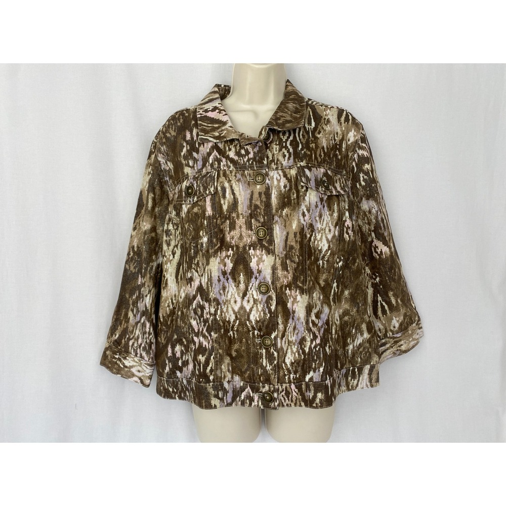 Chicos Linen Ikat Jacket Size 2 Large Brown Pink Metallic Boho Chic Artsy